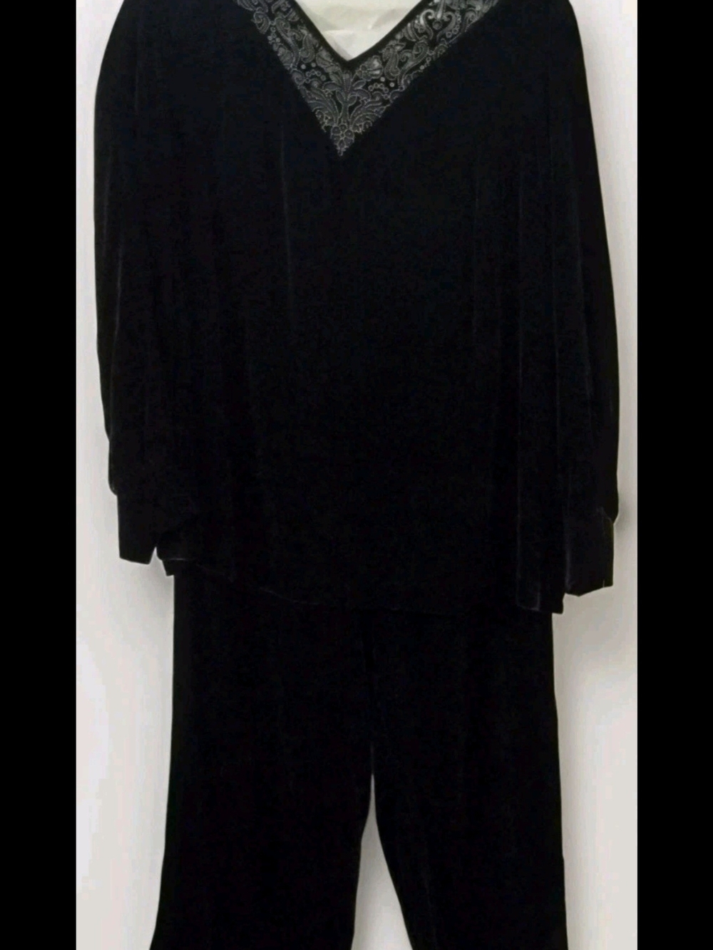 Talbots Black Velvet Lounge Set with Paisley V-Neck Trim
